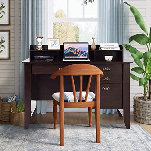 Tangkula Computer Desk with 4 Storage Drawers & Hutch, Home Office Desk Vintage Desk with Storage Shelves, Wooden Executive Desk Writing Study Desk (Brown)