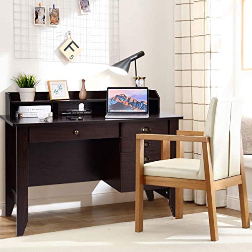 Tangkula Computer Desk with 4 Storage Drawers & Hutch, Home Office Desk Vintage Desk with Storage Shelves, Wooden Executive Desk Writing Study Desk (Brown)