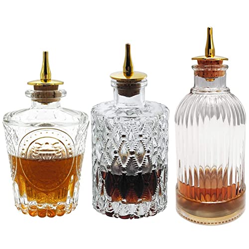 LINALL Bitters Bottle Set - Glass Vintage Bottle, Decorative Bottles with Dash Top, Dasher Bottles for Making Cocktail Great For Bartender Home Bar (3 pack)