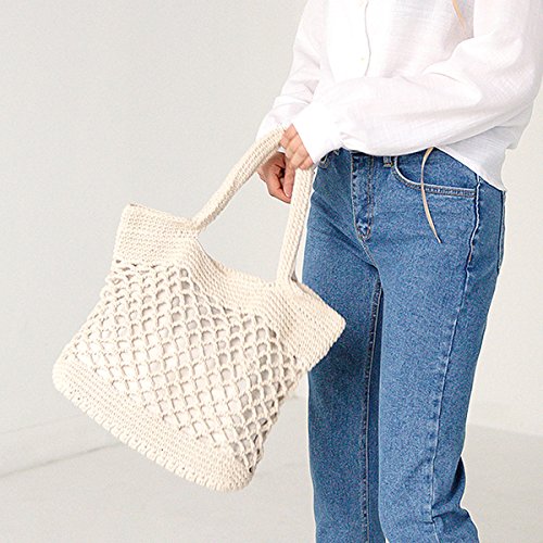 Adela Women Girl Straw Woven Handbag Beach Crochet Bag Travel Large Capacity Tote (Off-white)