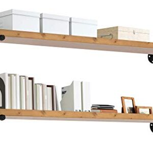 Industrial Pipe Wood Wall Shelf - 48" Real Wooden Shelving w/ Special Walnut Color - Modern Interior Decor Floating Shelves w/ Iron Pipe Brackets - Rustic Farmhouse Style Bookshelf by TEN49 - Set of 2