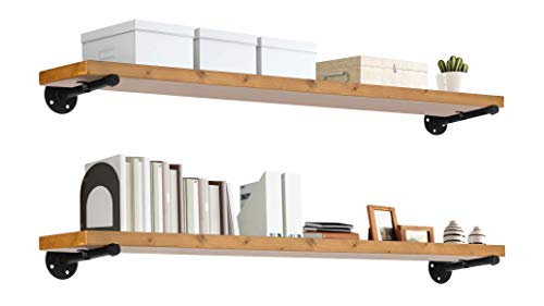 Industrial Pipe Wood Wall Shelf - 48" Real Wooden Shelving w/ Special Walnut Color - Modern Interior Decor Floating Shelves w/ Iron Pipe Brackets - Rustic Farmhouse Style Bookshelf by TEN49 - Set of 2