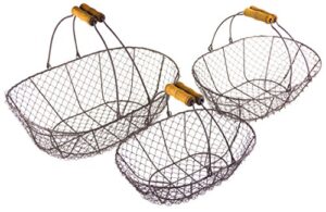 red co. all-purpose display basket bin, gray metal wire with two wood handles, oval shape and stackable, set of 3, small- 5 inches, medium- 6 inches and large- 7 inches