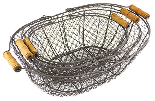 Red Co. All-Purpose Display Basket Bin, Gray Metal Wire with Two Wood Handles, Oval Shape and Stackable, Set of 3, Small- 5 Inches, Medium- 6 Inches and Large- 7 Inches
