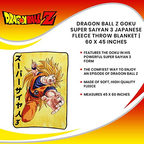 Dragon Ball Z Goku Super Saiyan 3 Japanese Fleece Throw Blanket | Features Goku's Super Saiyan 3 Form | 60 x 45 Inches