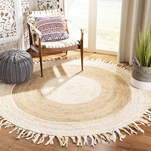 SAFAVIEH Cape Cod Collection 6' Round Beige / Natural CAP701B Handmade Boho Fringe Jute & Cotton Area Rug