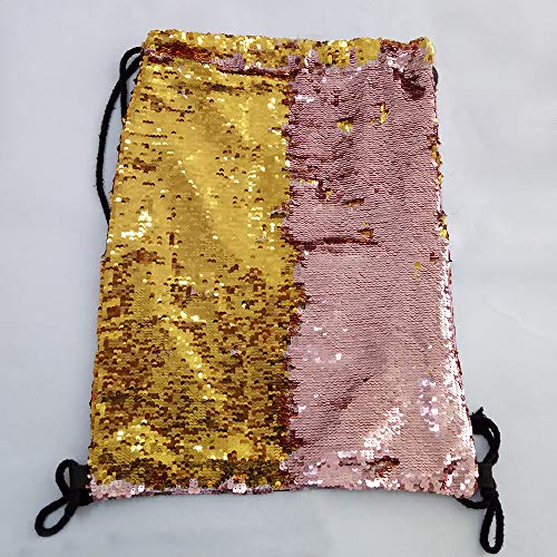 Winmany Mermaid Sequin Backpack Glittering Outdoor Shoulder Bag, Magic Reversible Glitter Drawstring Backpack, Fashion Bling Shining Dance Bag, Sports Backpack Bag (Pink Gold)