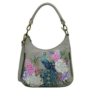 anuschka hand painted women’s genuine leather convertible slim hobo with crossbody strap – regal peacock
