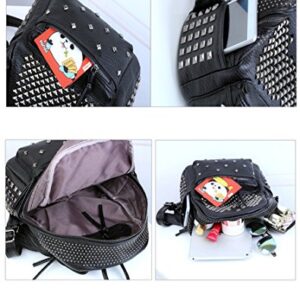 Ladies Women PU Leather Backpack Rivet Studded Cute Satchel School Bags (Black-L)