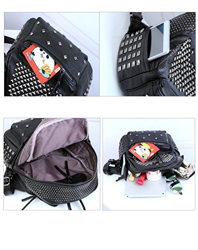 Ladies Women PU Leather Backpack Rivet Studded Cute Satchel School Bags (Black-L)