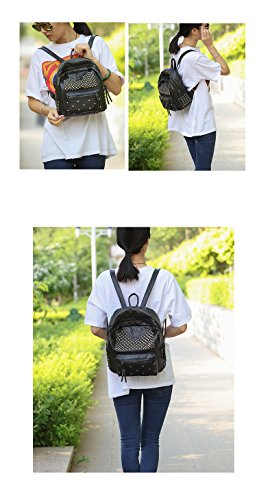 Ladies Women PU Leather Backpack Rivet Studded Cute Satchel School Bags (Black-L)