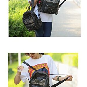 Ladies Women PU Leather Backpack Rivet Studded Cute Satchel School Bags (Black-L)