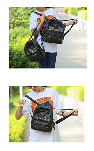 Ladies Women PU Leather Backpack Rivet Studded Cute Satchel School Bags (Black-L)