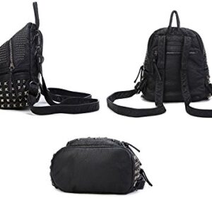 Ladies Women PU Leather Backpack Rivet Studded Cute Satchel School Bags (Black-L)