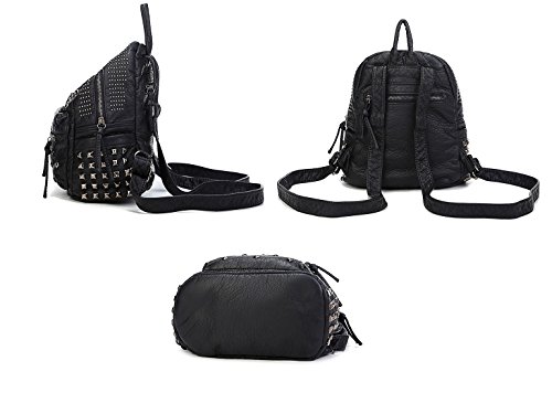 Ladies Women PU Leather Backpack Rivet Studded Cute Satchel School Bags (Black-L)