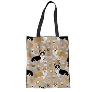 sannovo women canvas shoulder bag corgi print tote casual top handle bag for school