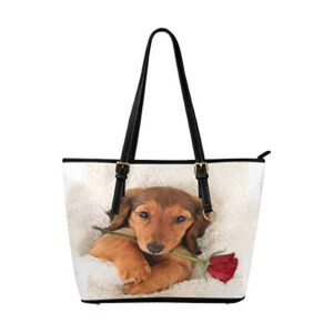 InterestPrint Women Totes Top Handle HandBags PU Leather Purse Longhair Little Dog Puppy Holding a Valentine Rose