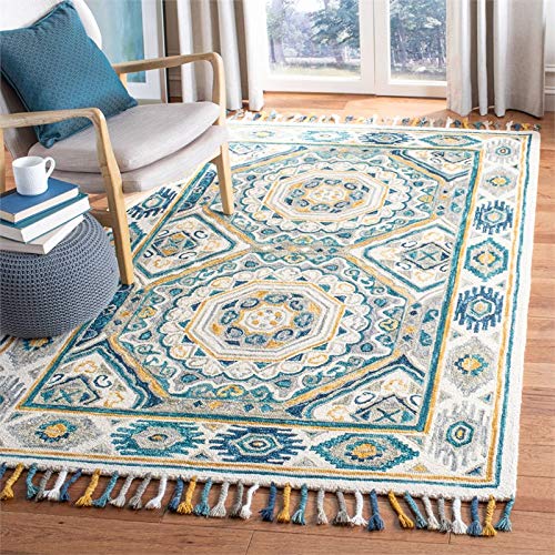 SAFAVIEH Aspen Collection 5' x 8' Ivory/Charcoal APN251A Handmade Boho Braided Tassel Wool Area Rug