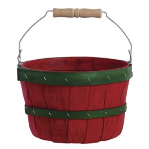 red with green bands peck basket with bail handle 10 1/2″dia x 7 1/2″h