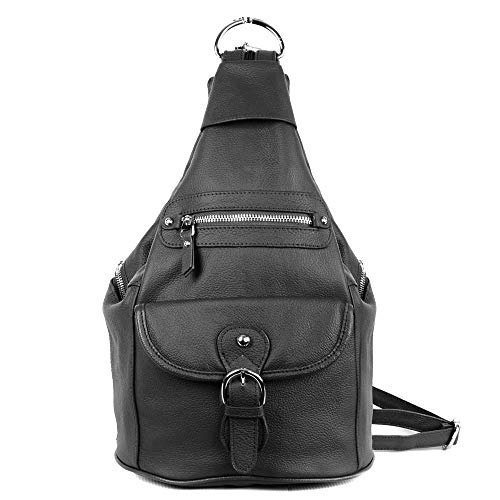 Roma Leathers Fashion Leather Backpack - Premium Black Cowhide Leather - Buckle Front Closure - Metal Zipper Hardware - Convertible Shoulder Straps - Multi Pocket Shoulder Bag - Designed in U.S.A.