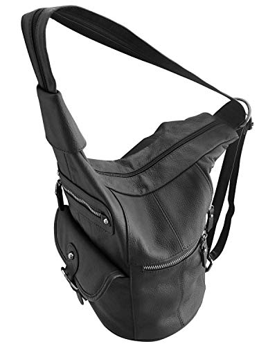 Roma Leathers Fashion Leather Backpack - Premium Black Cowhide Leather - Buckle Front Closure - Metal Zipper Hardware - Convertible Shoulder Straps - Multi Pocket Shoulder Bag - Designed in U.S.A.