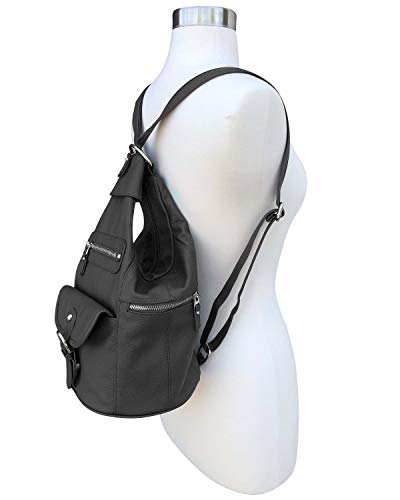 Roma Leathers Fashion Leather Backpack - Premium Black Cowhide Leather - Buckle Front Closure - Metal Zipper Hardware - Convertible Shoulder Straps - Multi Pocket Shoulder Bag - Designed in U.S.A.