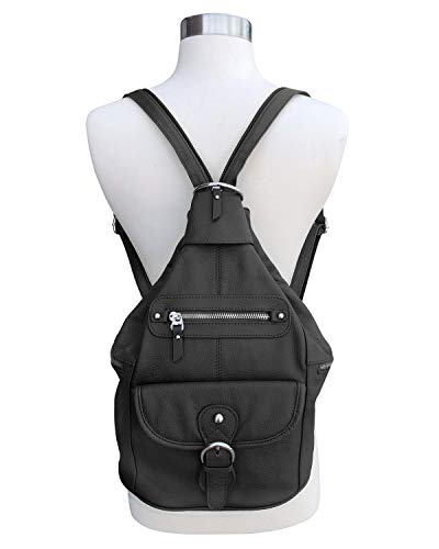 Roma Leathers Fashion Leather Backpack - Premium Black Cowhide Leather - Buckle Front Closure - Metal Zipper Hardware - Convertible Shoulder Straps - Multi Pocket Shoulder Bag - Designed in U.S.A.