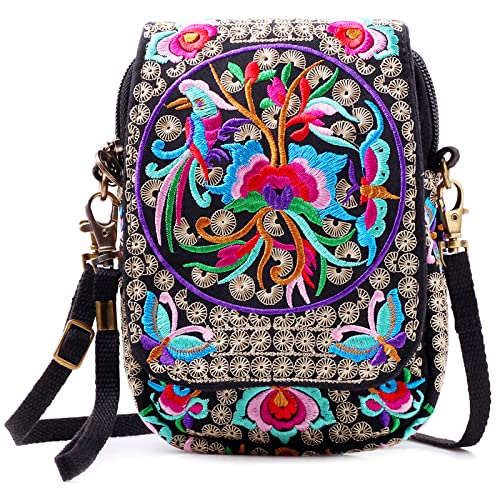 SILKAREA Embroidered Cute Small Crossbody Bag for Women Cell phone Purse Mini Handbags Wristlet Wallet Bag Coin Pouch