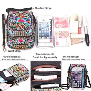 SILKAREA Embroidered Cute Small Crossbody Bag for Women Cell phone Purse Mini Handbags Wristlet Wallet Bag Coin Pouch