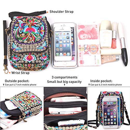 SILKAREA Embroidered Cute Small Crossbody Bag for Women Cell phone Purse Mini Handbags Wristlet Wallet Bag Coin Pouch