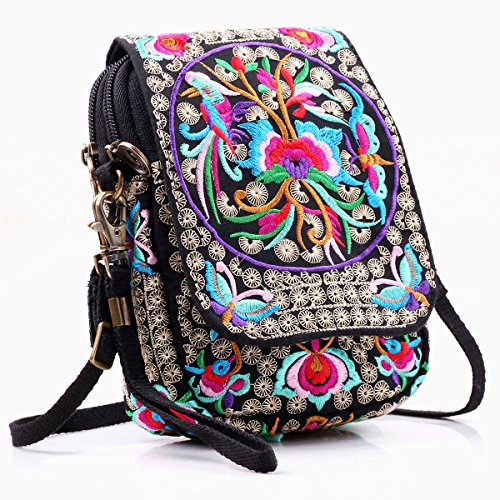 SILKAREA Embroidered Cute Small Crossbody Bag for Women Cell phone Purse Mini Handbags Wristlet Wallet Bag Coin Pouch