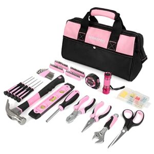 workpro pink tool kit, home repairing tool set with wide mouth open storage bag, household tool kit – pink ribbon