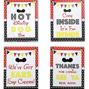 Mickey Party Sign Set of 4-8 x 10 inch Mickey Mouse Party Supplies Birthday Sign Printed in Card stock | Mickey Mouse Clubhouse Inspired Door Signs | Food Labels Disney Decorations Hot Dog Bar Decor