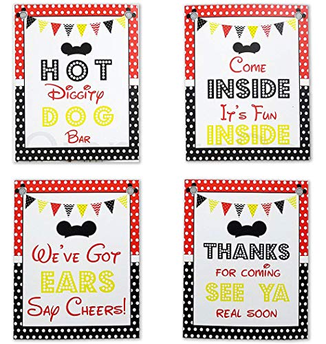 Mickey Party Sign Set of 4-8 x 10 inch Mickey Mouse Party Supplies Birthday Sign Printed in Card stock | Mickey Mouse Clubhouse Inspired Door Signs | Food Labels Disney Decorations Hot Dog Bar Decor