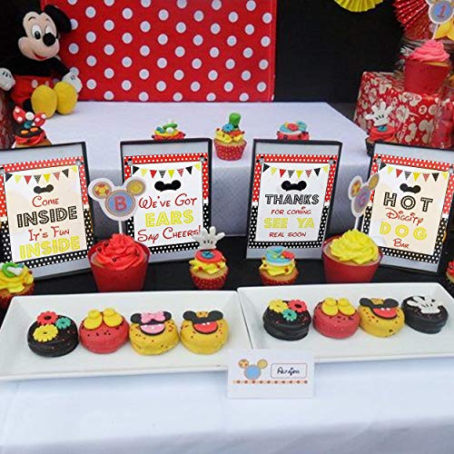 Mickey Party Sign Set of 4-8 x 10 inch Mickey Mouse Party Supplies Birthday Sign Printed in Card stock | Mickey Mouse Clubhouse Inspired Door Signs | Food Labels Disney Decorations Hot Dog Bar Decor