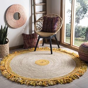 SAFAVIEH Cape Cod Collection 3' Round Gold / Natural CAP212D Handmade Boho Fringe Jute & Cotton Area Rug