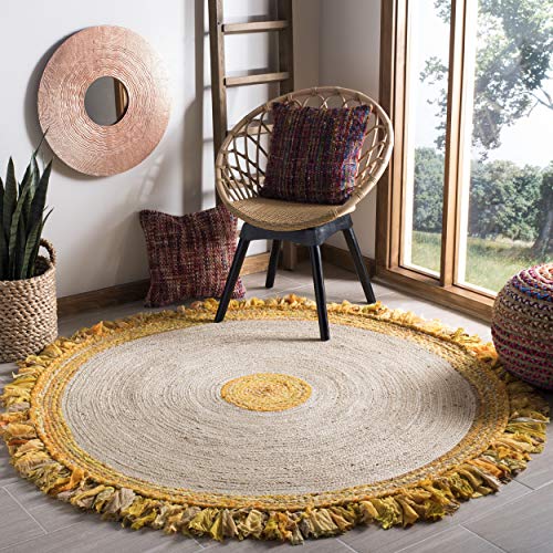 SAFAVIEH Cape Cod Collection 3' Round Gold / Natural CAP212D Handmade Boho Fringe Jute & Cotton Area Rug