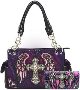 camouflage cross wings western style concealed carry purse country handbag women shoulder bag wallet set (purple set)