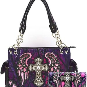 Camouflage Cross Wings Western Style Concealed Carry Purse Country Handbag Women Shoulder Bag Wallet Set (Purple Set)
