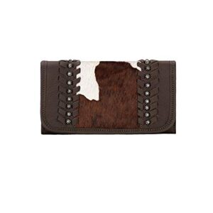 american west women’s cow town pony hair tri-fold wallet chocolate one size