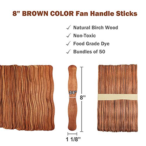 100 Sticks - Wavy 8 Inch Jumbo Wood Fan Handles Wedding Fan Sticks (Brown)