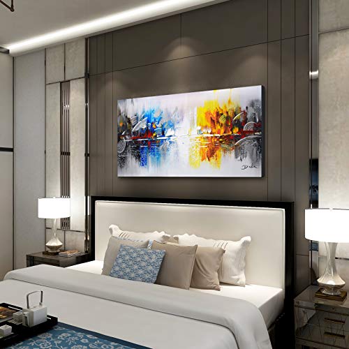 ARTLAND Framed Cityscape Modern Oil Painting on Canvas Contemporary Abstract Building Artwork Stretched Wall Art Décor for Living Room Home Decoration 24x48 inches