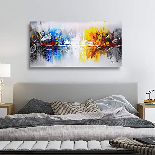 ARTLAND Framed Cityscape Modern Oil Painting on Canvas Contemporary Abstract Building Artwork Stretched Wall Art Décor for Living Room Home Decoration 24x48 inches