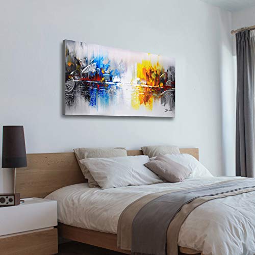 ARTLAND Framed Cityscape Modern Oil Painting on Canvas Contemporary Abstract Building Artwork Stretched Wall Art Décor for Living Room Home Decoration 24x48 inches