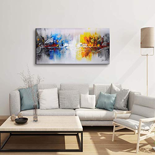 ARTLAND Framed Cityscape Modern Oil Painting on Canvas Contemporary Abstract Building Artwork Stretched Wall Art Décor for Living Room Home Decoration 24x48 inches