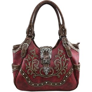 justin west tooled laser cut leather floral embroidery rhinestone buckle studded shoulder concealed carry tote style handbag purse (red purse)