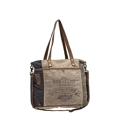 Myra Bags Life Always Upcycled Canvas Shoulder Bag S-0948, Tan, Khaki, Brown, One_Size