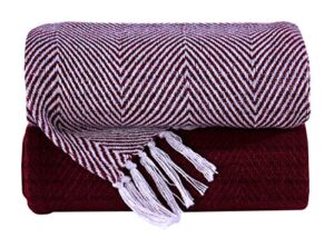 cozy home collection luxurious hand woven cozy warm 100% cotton all season light weight couch chair bed decorative throw blankets chevron 50×60 inch set of 2 (burgundy)