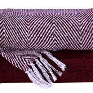 Cozy Home Collection Luxurious Hand Woven Cozy Warm 100% Cotton All Season Light Weight Couch Chair Bed Decorative Throw Blankets Chevron 50x60 Inch Set of 2 (Burgundy)