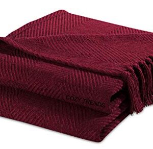 Cozy Home Collection Luxurious Hand Woven Cozy Warm 100% Cotton All Season Light Weight Couch Chair Bed Decorative Throw Blankets Chevron 50x60 Inch Set of 2 (Burgundy)